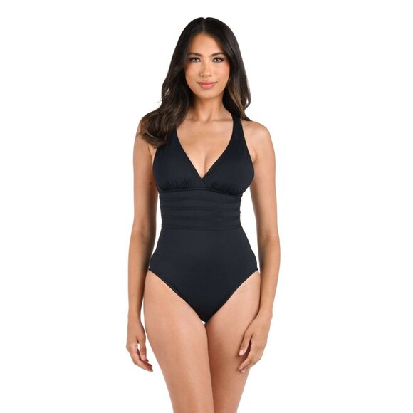 NWT LA BLANCA Womens Size 14 Island Goddess Solid Black One-Piece Swimsuit - Picture 1 of 8